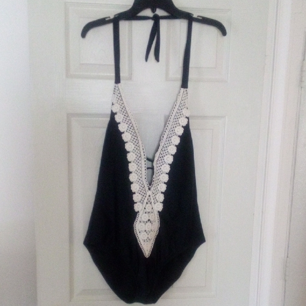 Black and Cream Halter Swimsuit By Kono Sol  - Large